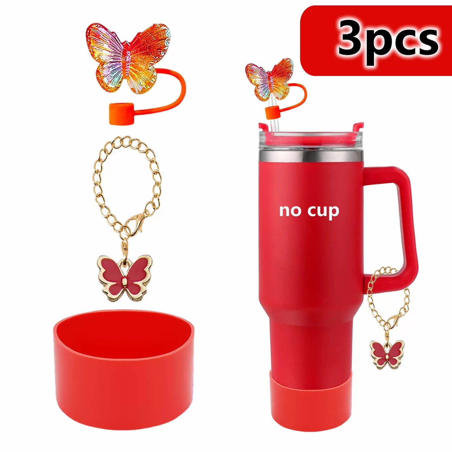 Wholesale Cup butterfly decorative straw cap silicone cup cover resin butterfly cup chain silicone cover 3-piece set